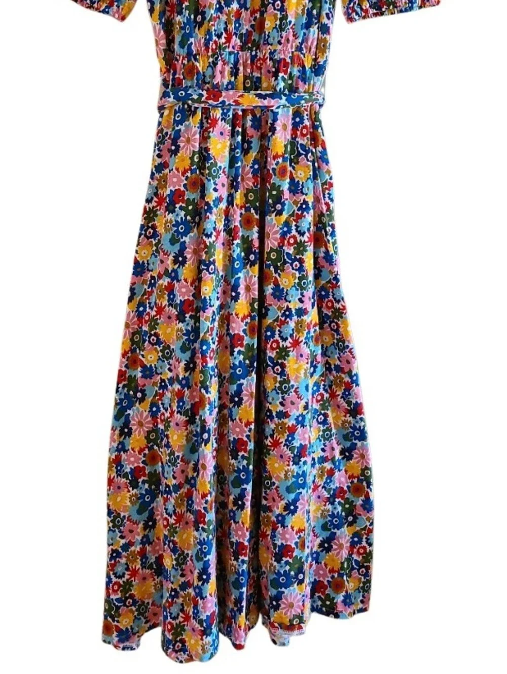 Boden Sofia Trim Jersey Midi Dress Floral Pink Multicolor Belred Waist Pockets - Picture 14 of 16